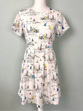 Sm Wardrobe NEW Short Sleeve Dress Sailboat Pattern White Primary Colors Small